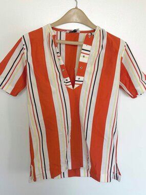 VTG 60s 70s Sun Valley Striped Orange Knit Top Shirt Mod Stretch Nylon V-Neck